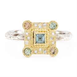 18ct gold and silver blue topaz, sapphire diamond dress ring, square cut blue topaz, surro...