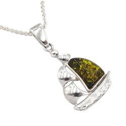 Silver green Baltic amber boat pendant necklace, stamped 925
