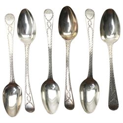 Set of six silver teaspoons with engraved stems, not hallmarked but test 925 standard  