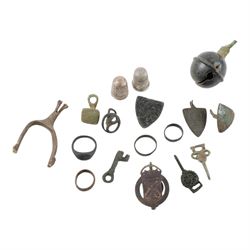 Collection of detectorist finds including seal ring and three 'pauper' rings, celtic butto...