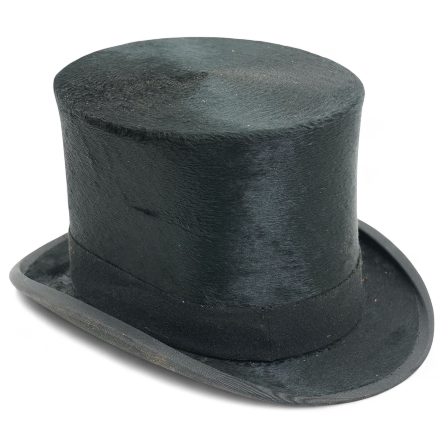 Black top hat by TB & W Cockayne in leather hat box 