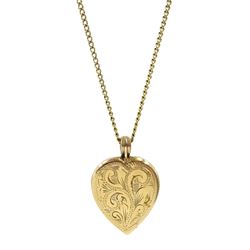 9ct gold heart locket pendant necklace with bright cut decoration, hallmarked 