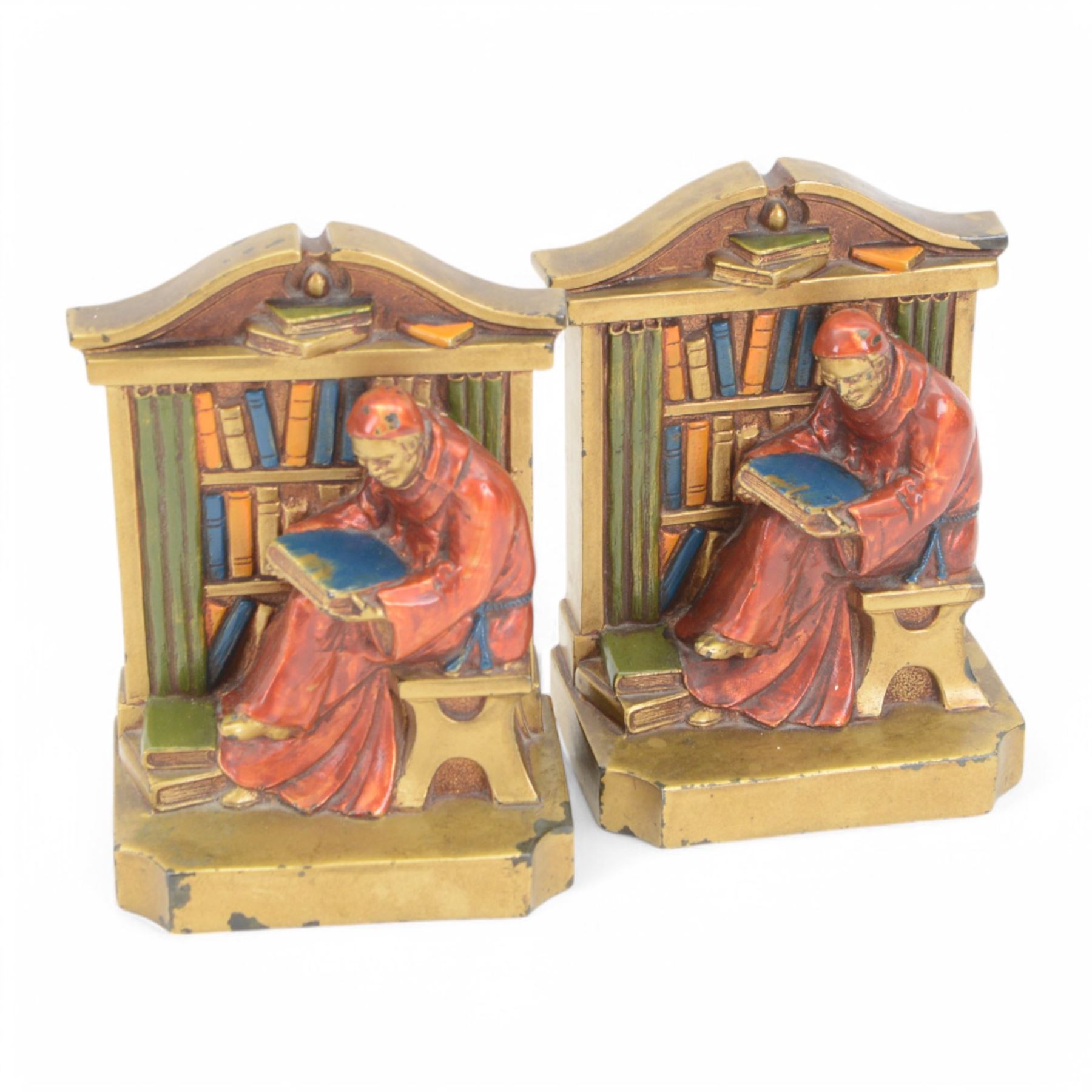 Pair of L. V. Aronson bookends, modelled as seated monks, H16cm