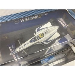 Five Mattel Hot Wheels 1:18 scale die-cast racing cars - Ferrari 248F1 Michael Schumacher, Renault F1 Team R25 Fernando Alonso, Williams F1 Team Williams FW28 Mark Webber, Jordan 199 Damon Hill and Williams F1 Team BMW; all boxed (5)