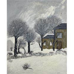 Essar (Northern Naive British Mid-20th century): Snowy WInter Landscape with Trees, oil on board signed 72cm x 59cm