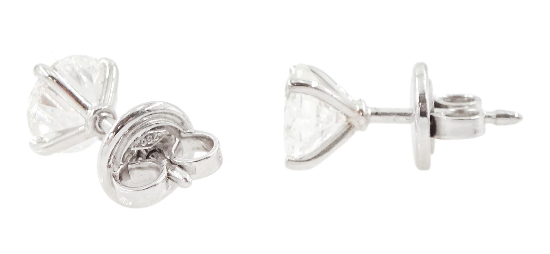 Pair of 18ct white gold round brilliant cut diamond stud earrings, stamped, total diamond weight 2.01 carat, with World Gemological Institute report