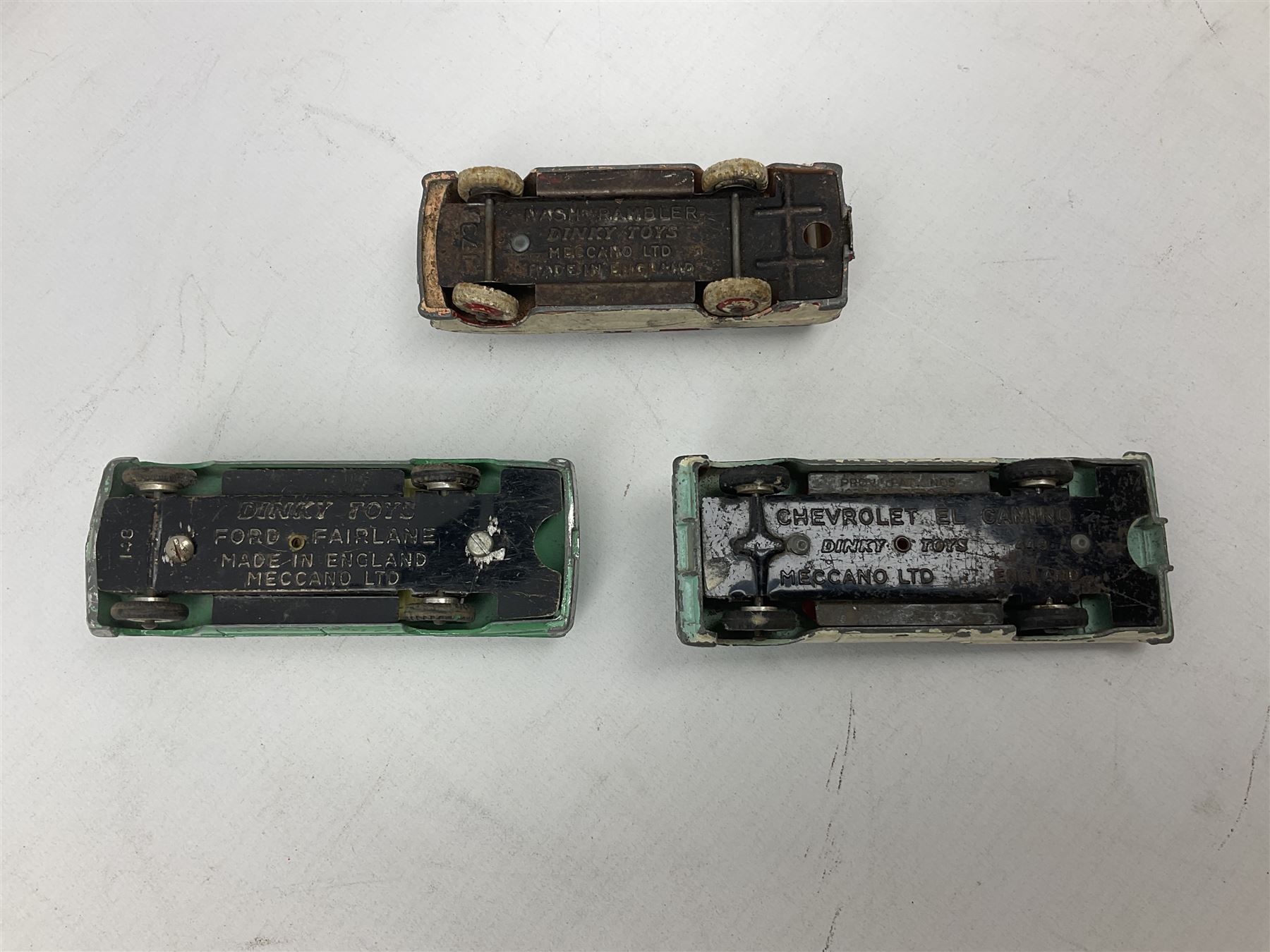 Dinky - thirteen unboxed and playworn/repainted early die-cast cars including Packard No.132, Austin A105 No.176, Rolls-Royce Silver Wraith No.150, Triumph Herald, Hillman Imp No.138, Rolls-Royce Phantom V No.198, Jaguar 'E' Type 2+2 No.131, Chevrolet El Camino No.449, French Panhard 24 No.524, Hudson Hornet No.174 etc; and Matchbox Dinky 1955 Bentley 'R' Type Continental (14)