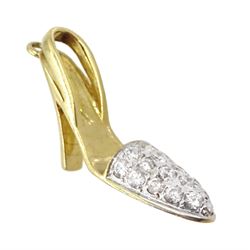 Three 9ct gold pendant / charms including dolphin, elephant and cubic zirconia shoe
