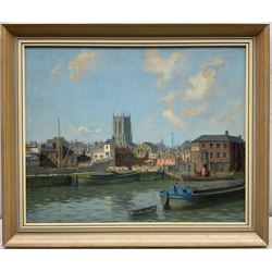 Walter Goodin (British 1907-1992): Holy Trinity Church Hull from Sammy's Point, oil on board signed and dated 1958,
Provenance: East Yorkshire dec'd estate; exh. 'Above All the Sky', Ferens Art Gallery Sept. 2008- Jan. 2009