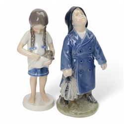 Six Royal Copenhagen figures, including Boy with Horn no 3689, Seated Fanoe Girl No.1315, The Sandman no. 1129 etc