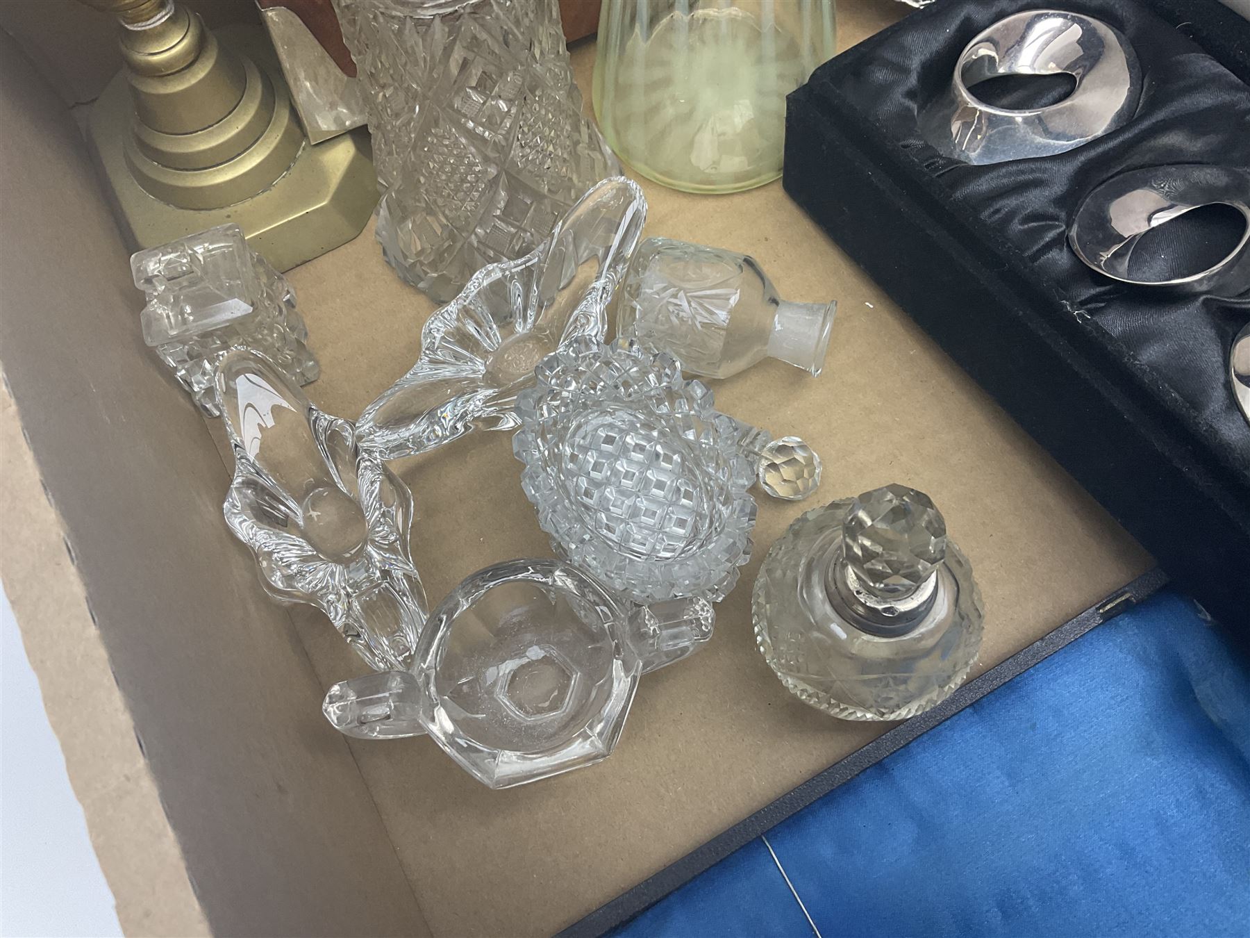 Uranium green glass vase, together with cranberry glass jug, glass dish with silver plate rim, glass cruet set etc, in two boxes 