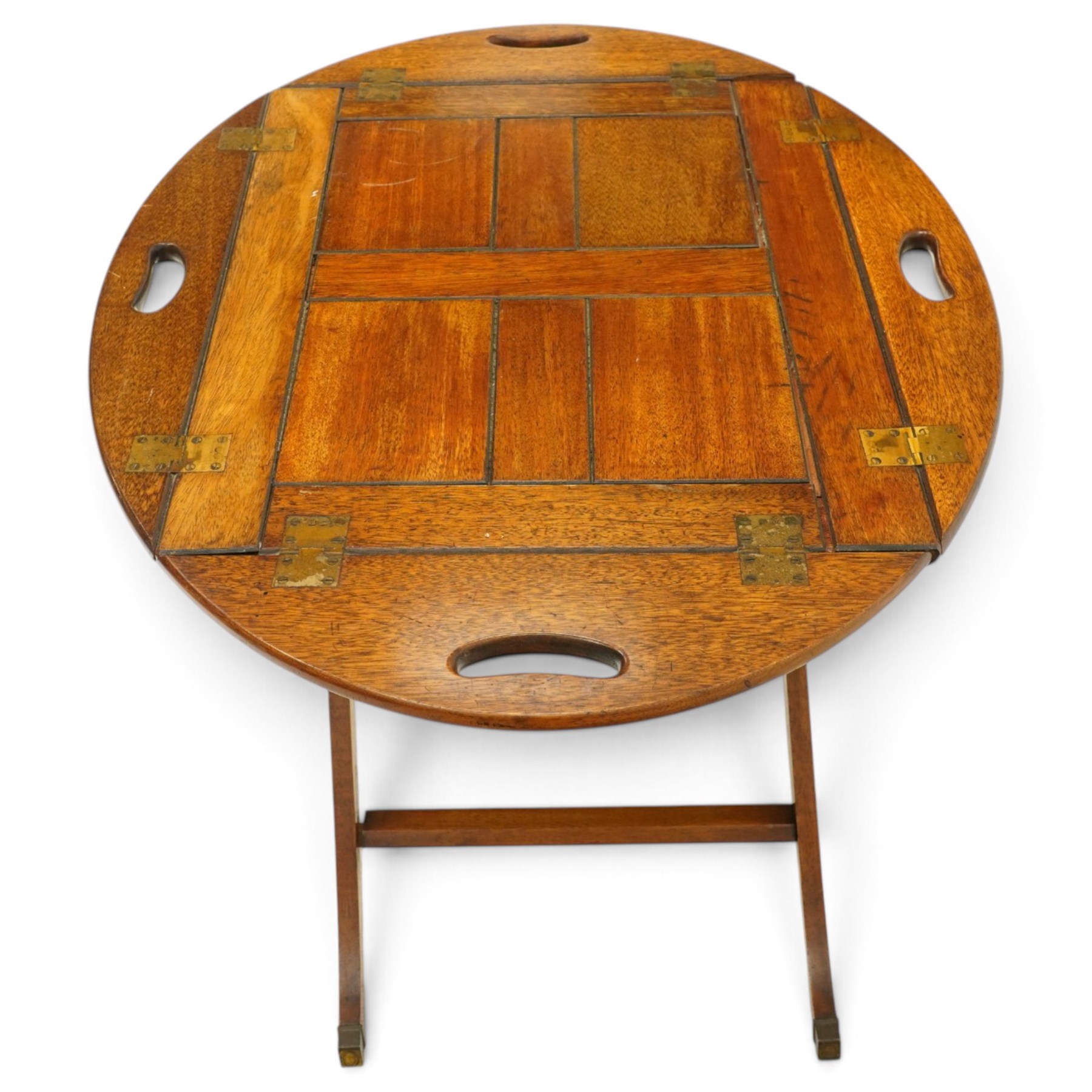 Georgian design mahogany butlers tray on stand, hinged tray-top with pieced handles over folding campaign stand