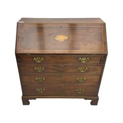 George III mahogany bureau, the conch inlaid fall front enclosing pigeon holes, shelves and central cupboard with inlaid flower motif, four graduating cock-beaded drawers below each with brass handles, lower moulded edge over shaped bracket feet