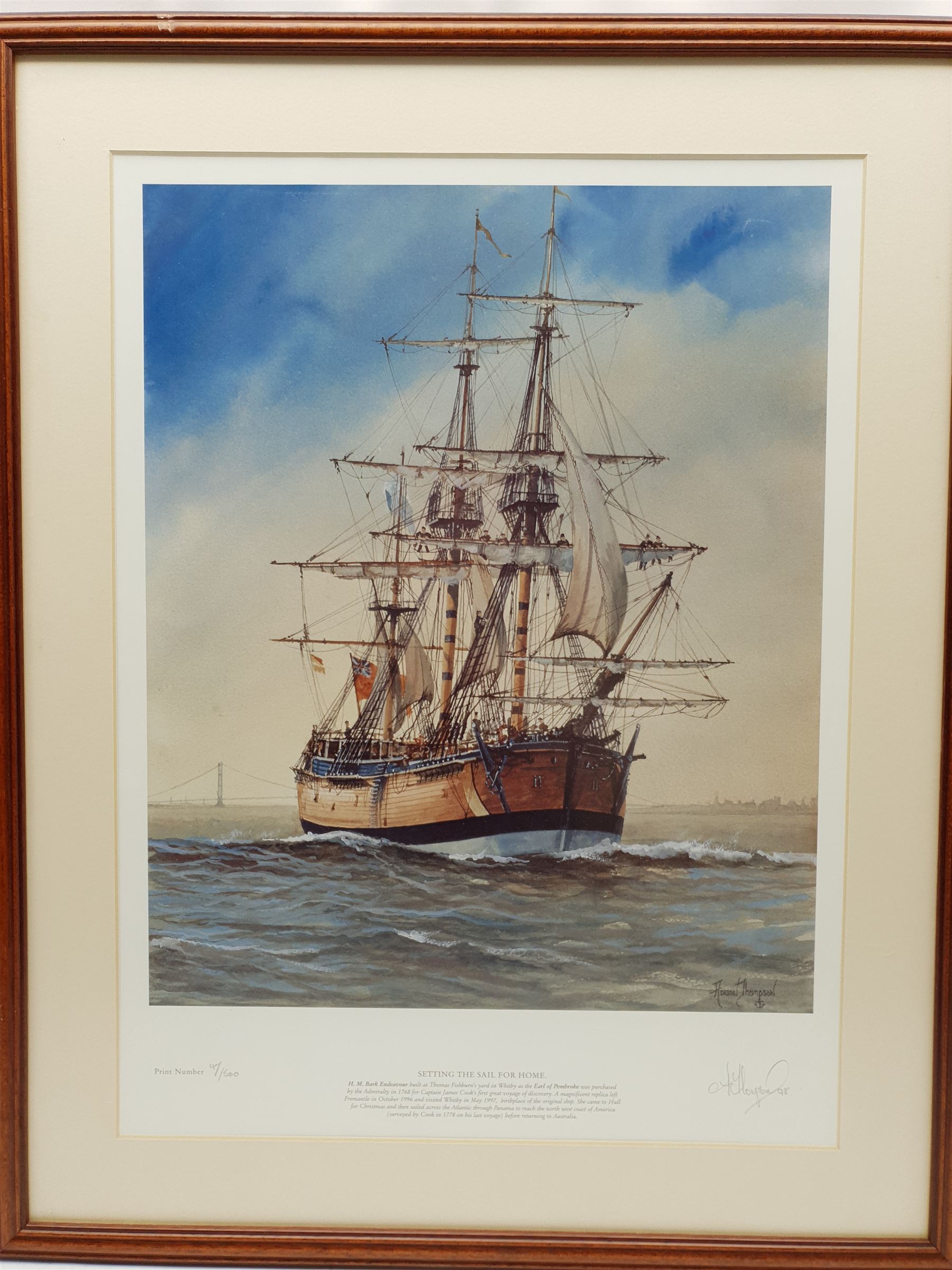 Adrian Thompson (British 1960-): 'Setting the Sail for Home' - HM Bark Endeavour, limited edition colour print signed dated '98 and numbered 97/500 in pencil 49cm x 37cm; RJ Wakefield (British 20th century): USS Constellation vs L'Insurgente, watercolour signed 28cm x 40cm (2)