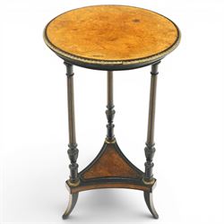 Late Victorian Aesthetic Movement ebonised and figured walnut occasional table, the circul...