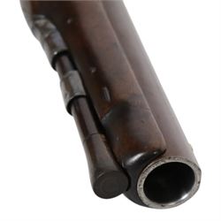 19th century British flintlock pistol by Tatham and Egg, with 21cms Damascus steel sighted barrel with original browning, marked along the top Tatham and Egg London, ramrod beneath, tang and trigger guard engraved with floral scrolls, figured walnut stock with chequered grip and steal butt plate, together with Dixon & Sons Sheffield, three way pistol powder flask, pistol overall L34cm