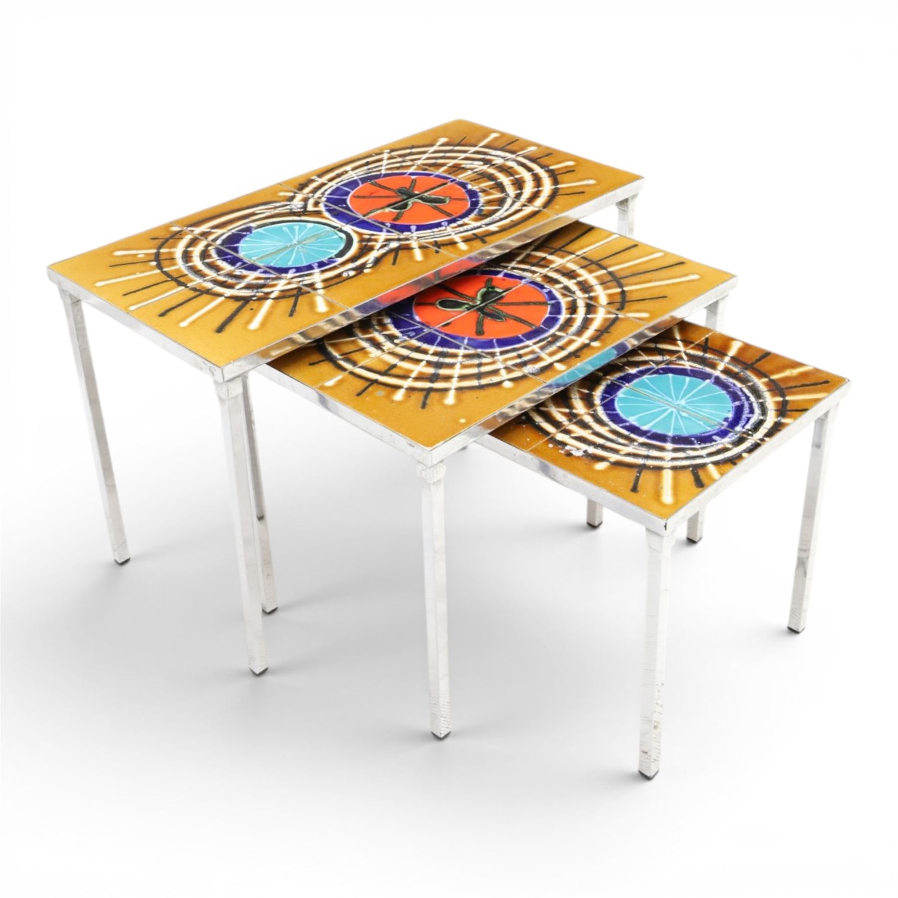 Juliette Belarti for Adri - 1960s-70s nest of three brutalist design tables, ceramic tiled tops, raised on a chrome frame 