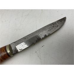 Norwegian staksniv hunting knife with 10cm single-edged steel blade in tooled leather sheath with nickel mounts L23cm overall