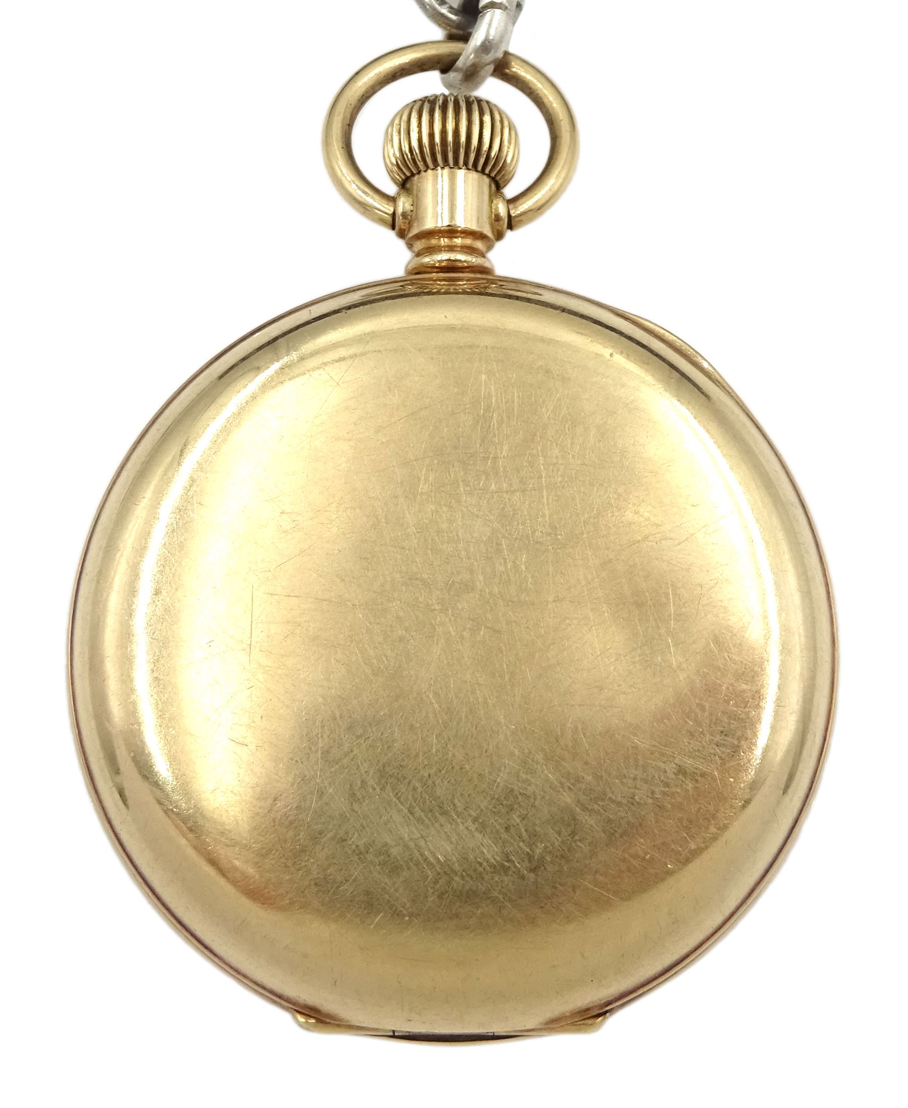 Early 20th century gold-plated keyless lever pocket watch by Elgin, U.S.A, No. 27217564, white enamel dial with subsidereary seconds dial, on silver Albert chain, each link hallmarked, with two silver fobs