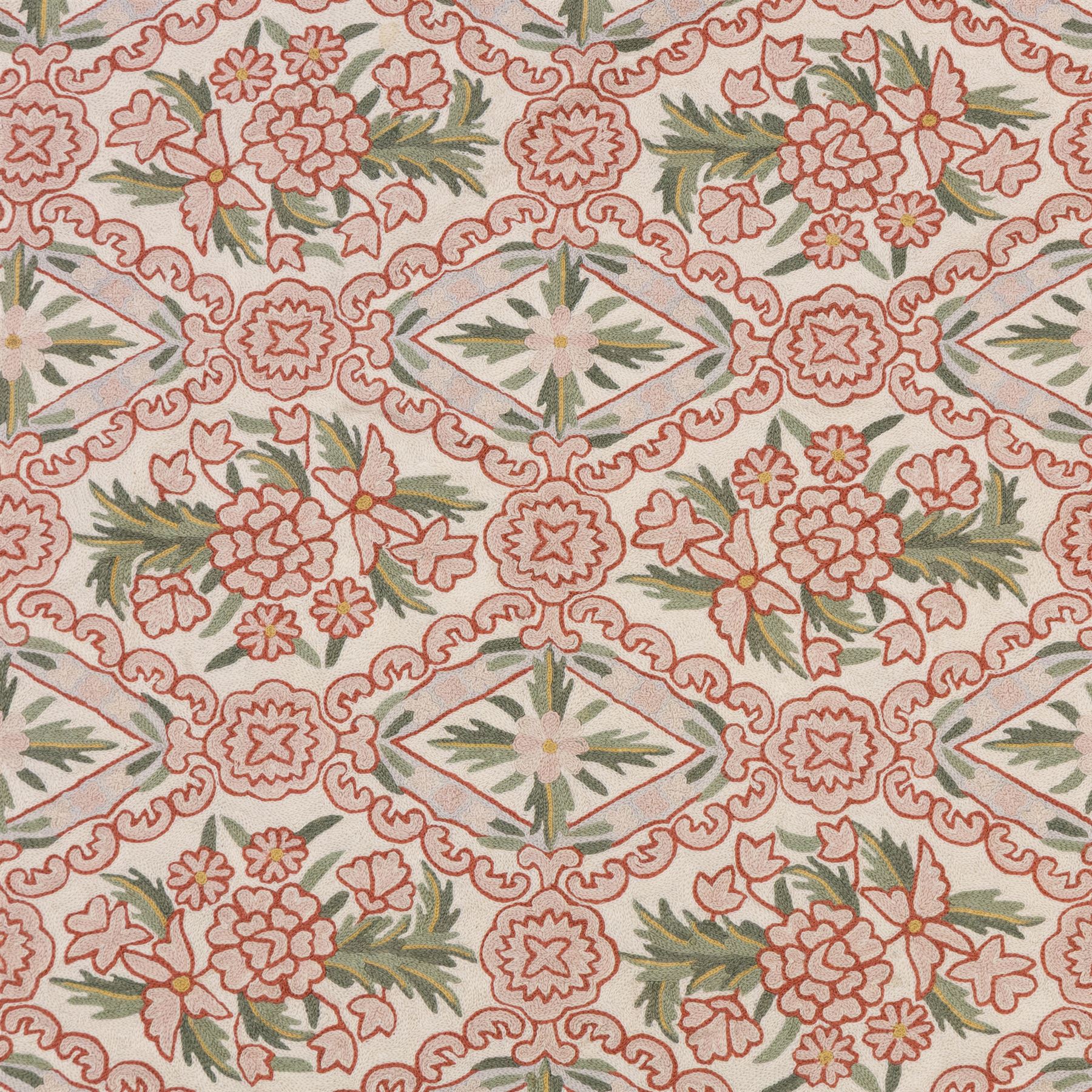 Kashmiri chain stitch crewel embroidered wall hanging, wool on cotton ground, decorated with an all-over lattice of floral medallions and stylized foliage with multiple floral borders 