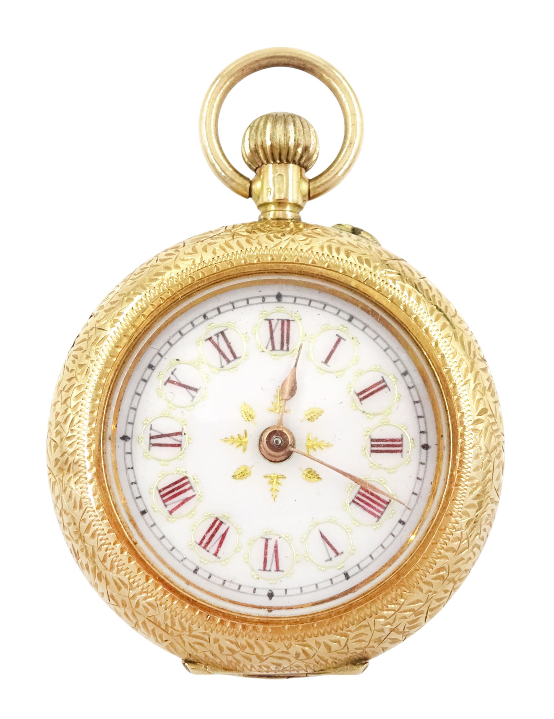 Early 20th century 14ct gold ladies cylinder fob watch, white enamel dial with Roman numeral hour markers, stamped, in velvet and silk lined case