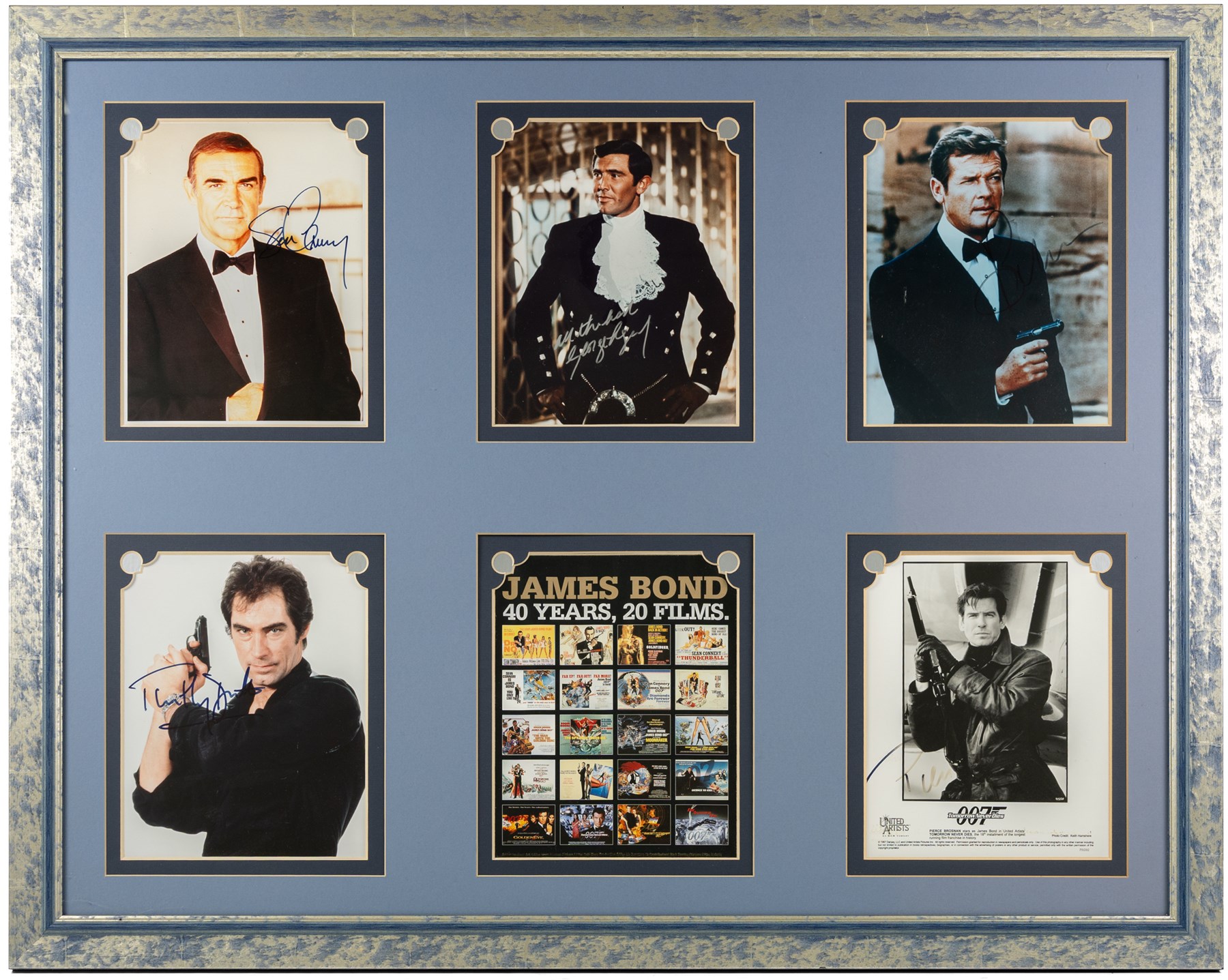 James Bond 40 years 20 films signed commemorative montage, comprising signed photographs of Sean Connery, George Lazenby, Roger Moore, Timothy Dalton and Pierce Brosnan, each with a certificate of authenticity from UACC Dealer Lester Freeman, framed, frame H79cm, W100cm