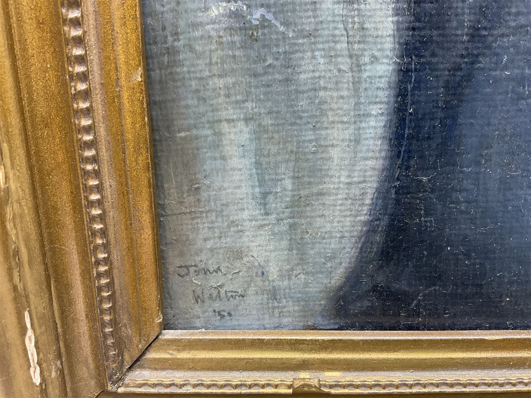 John Walton (British 1925- 2023): Portrait of a Lady with Pearl Necklace, oil on board signed and dated '50, possible corresponding photograph verso 40cm x 30cm 