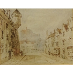  Attrib. Thomas Hearne (British 1744-1817): Town Street View, watercolour unsigned, attributed verso 12cm x 16cm and Figures in a Farm Setting, 19th/20th century watercolour unsigned 21cm x 29cm (2)  