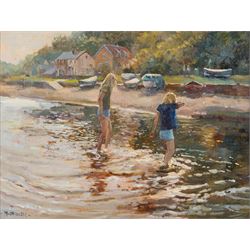 Michelle Saunders (British 1936-): Paddling in the Sunshine, oil on canvas signed 26cm x 34cm 