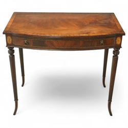 19th century inlaid mahogany side table, bowed rectangular top above a single cock-beaded ...