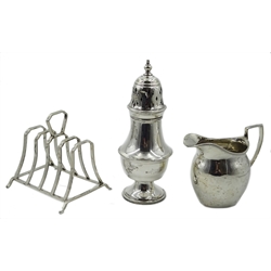  Silver toast rack by A L Davenport Ltd Birmingham 1932, sugar sifter by Adolph Scott Birmingham 1934 and a cream jug by George Nathan & Ridley Hayes Chester 1895 approx 7.8oz  