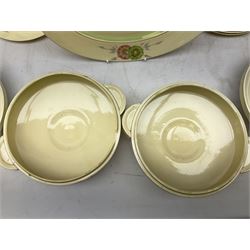 Clarice Cliff circa 1936 Sundew pattern dinner wares, comprising two Odilon shaped tureens and covers, six dinner plates, six side plates, two dessert plates and one serving dish 