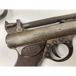 Webley & Scott Premier .177 over lever air pistol, no.2360, with chequered bakelite grip L24cm overall; Diana SP50 .177 plunge barrel air pistol; and T.J. Harrington & Son 'The Gat' .177 plunge barrel air pistol; NB: AGE RESTRICTIONS APPLY TO THE PURCHASE OF THIS LOT (3)