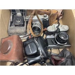 Large collection of cameras to include folding and SLR examples, including Rank Aldis, Agfa, Yashica, etc