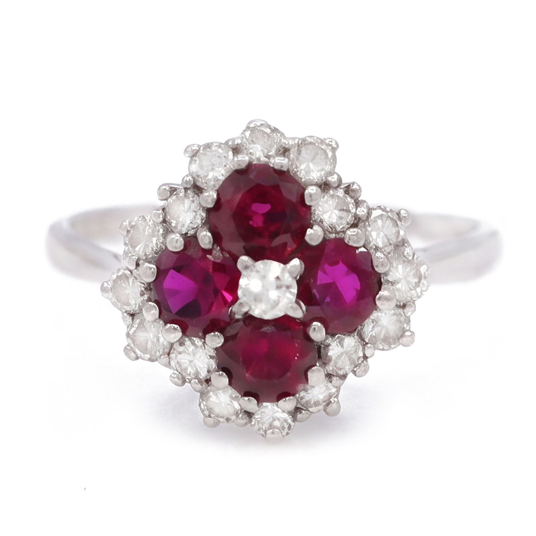 18ct white gold ruby and diamond cluster ring, set with round round cut rubies and seventeen round brilliant cut diamonds, total ruby weight approx 1.15 carat, total diamond weight approx 0.55 carat