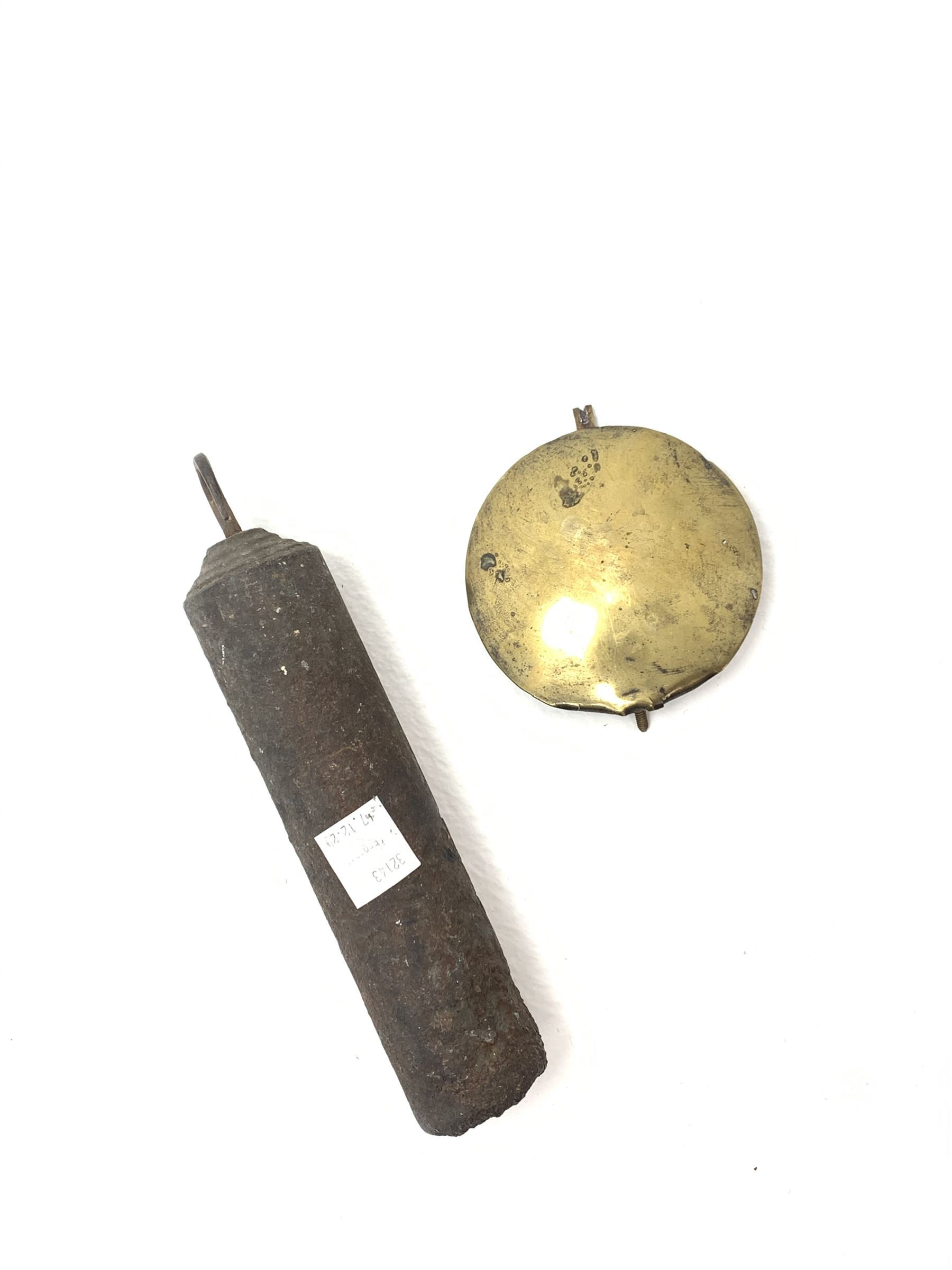 Early 19th century oak longcase clock, projecting cornice over frieze painted with scrolls, square glazed door enclosed by plain pilasters, square brass dial with ornate cast metal spandrels, Roman chapter ring and false subsidiary date aperture, engraved decoration and inscribed 'Torkington, Newcastle', 30-hour movement striking on bell