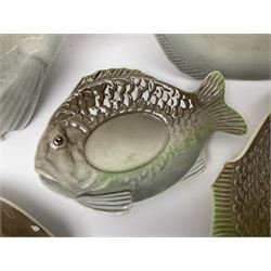 Shorter & Son six fish plates, together with a larger platter and sauce boat and saucer, all with stamped marks beneath