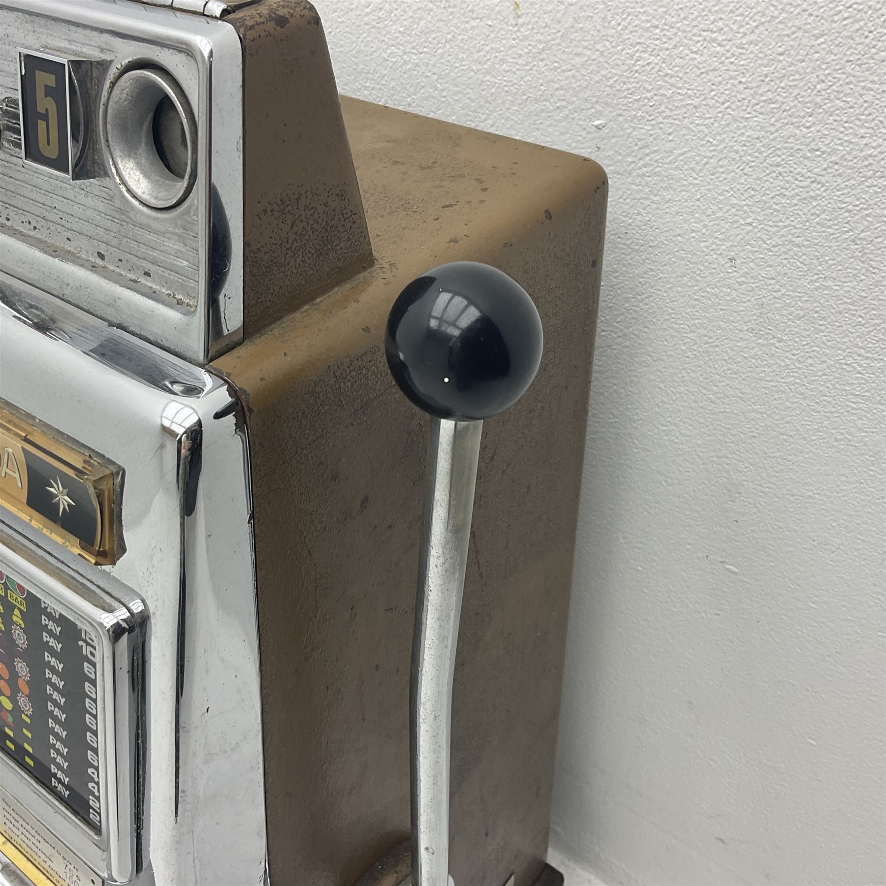 Aristocrat Nevada Lucky Strike one-armed bandit arcade machine, circa 1964, light-up display in aluminium and stainless steel case, with keys, H72cm 