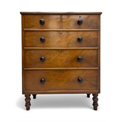 Late Victorian mahogany chest of drawers, with rectangular top over two short and three long graduated drawers, each fitted with ebonised turned knob handles and keyholes, raised on turned supports