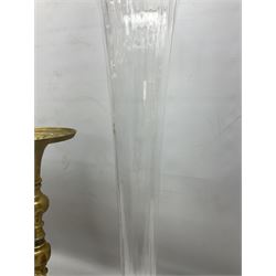 Pair of tall brass candlesticks, together with a tall clear glass vase with frilled rim, candlestick H50cm