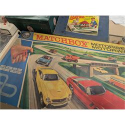 Collection of vintage toys and games, including Chad Valley Escalado, Corgi 1:18 scale MG diecast model, Bayko Building Set, Matchbox Motorised Motorway, etc