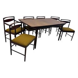 Tom Robertson for McIntosh of Kirkcaldy - mid-20th century 'Dunfermline' dining table, rectangular top with double concealed integral leaf, raised on tapered supports; complete with set of six (4+2) McIntosh dining chairs