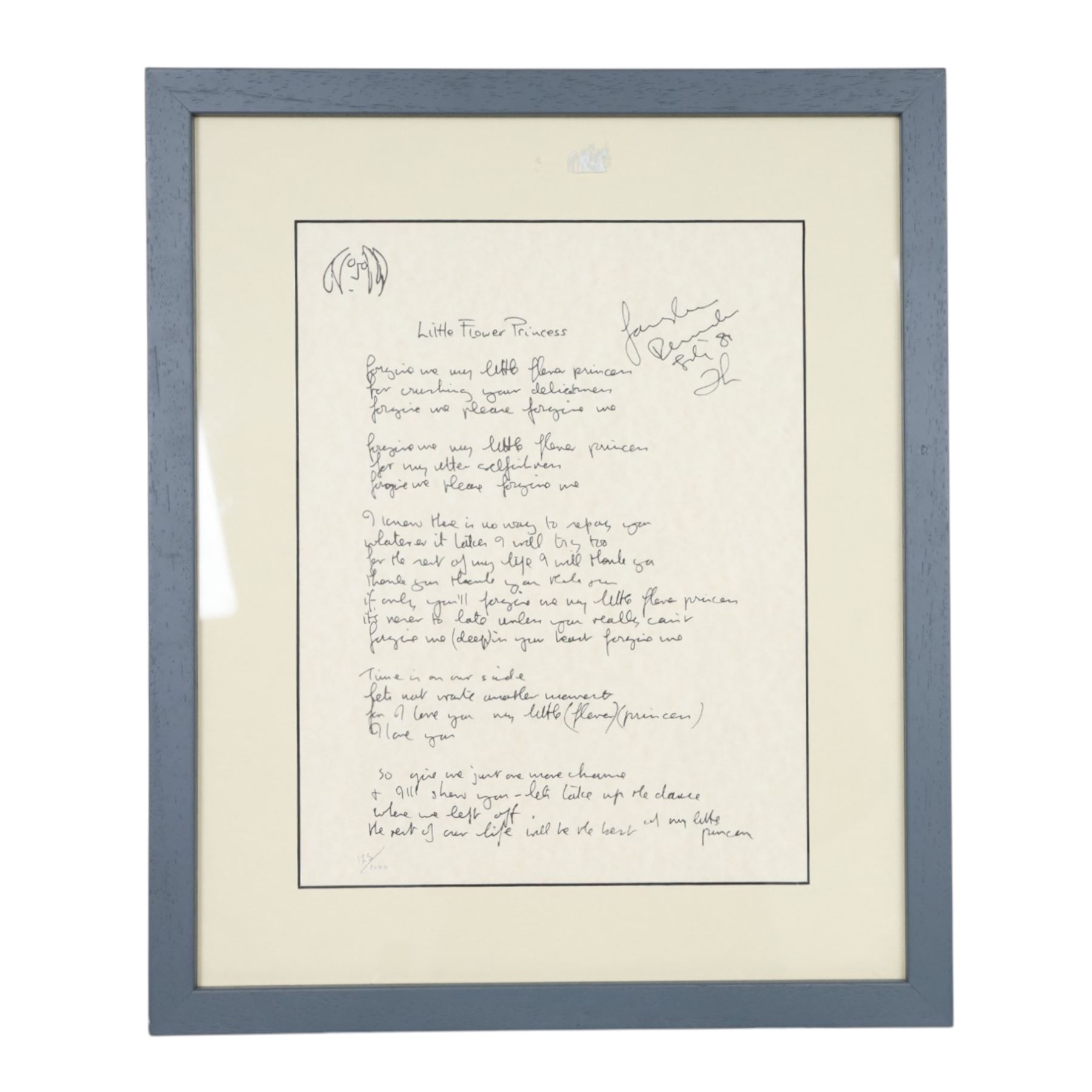 After John Lennon (British 1940-1980): 'Little Flower Princess', hand written song lyrics limited edition lithograph, numbered 123/1000 in pencil, 31cm x 24cm