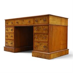 19th century burr walnut twin pedestal desk, rectangular top inset tooled green leather insert with moulded edge, frieze with three drawers with turned wooden pulls, raised on pedestal bases, containing three graduated drawers raised on plinth bases with castors
