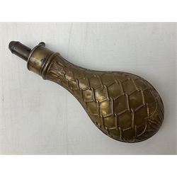 Copper and brass powder flask embossed with a panel of hanging dead game on a rope netting ground H21cm; and another with leather covered body and German silver mounts H20cm; both marked G. & J.W. Hawksley (2)