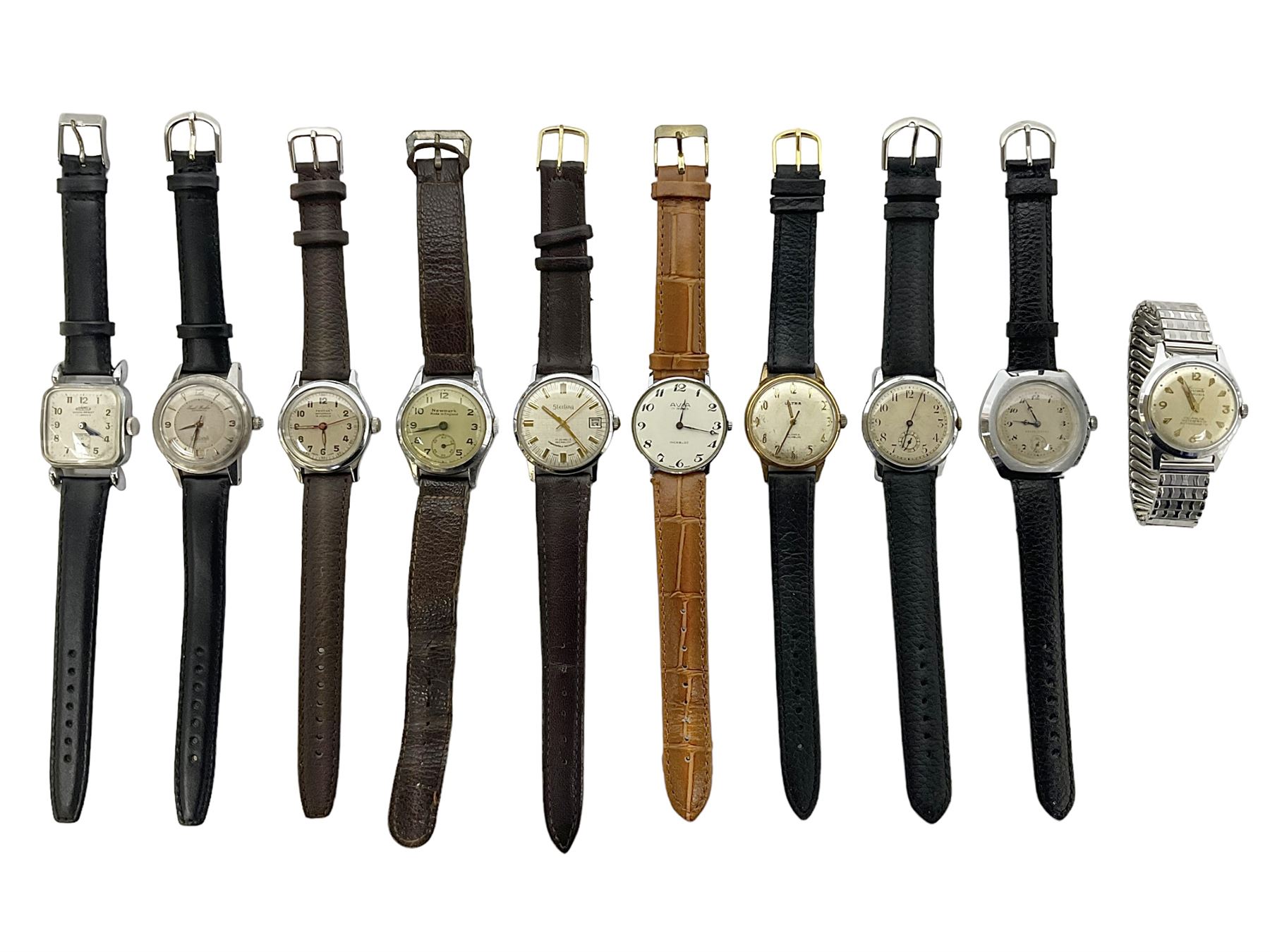 Paul Buhre RotoDato 21 jewels automatic wristwatch and nine manual wind wristwatches including Movado, Sterling, Visconte, Roamer, Avia and Ultra