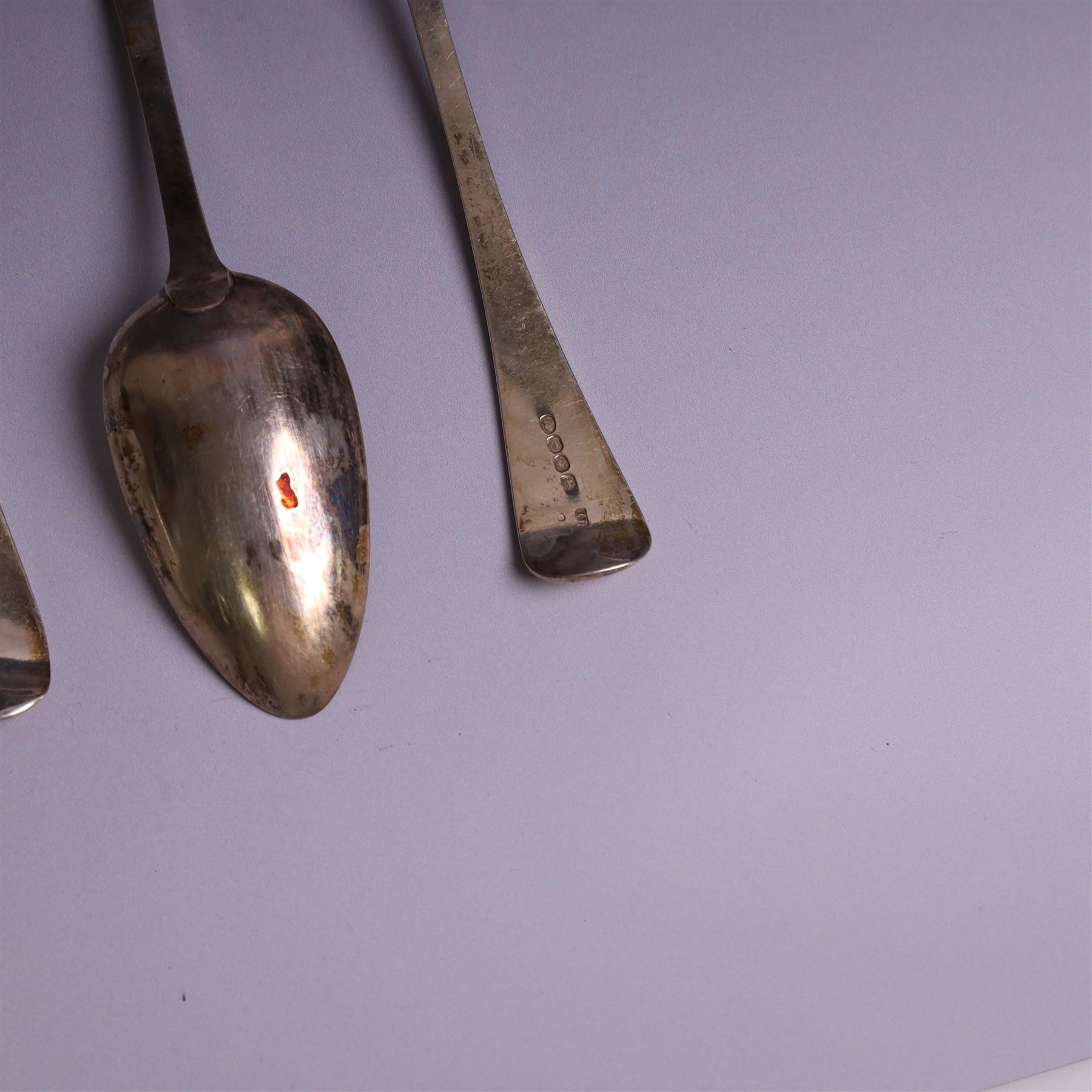 Three silver Old English pattern table spoons, including George III pair, and a set of six 1930s silver forks, all with engraved initials, all hallmarked