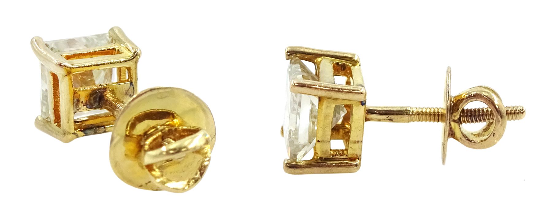 Pair of 14ct gold princess cut diamond screw back stud earrings,  total diamond weight approx 3.00 carat