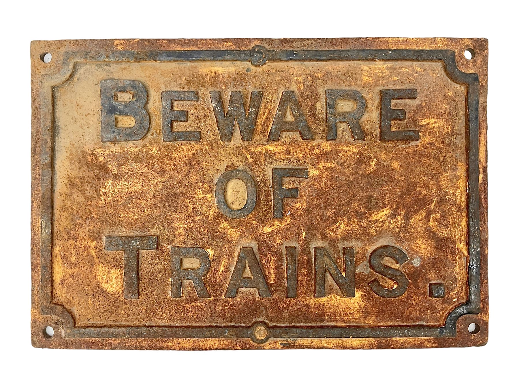 Large cast iron sign 'Beware of Trains', H38cm, L56cm