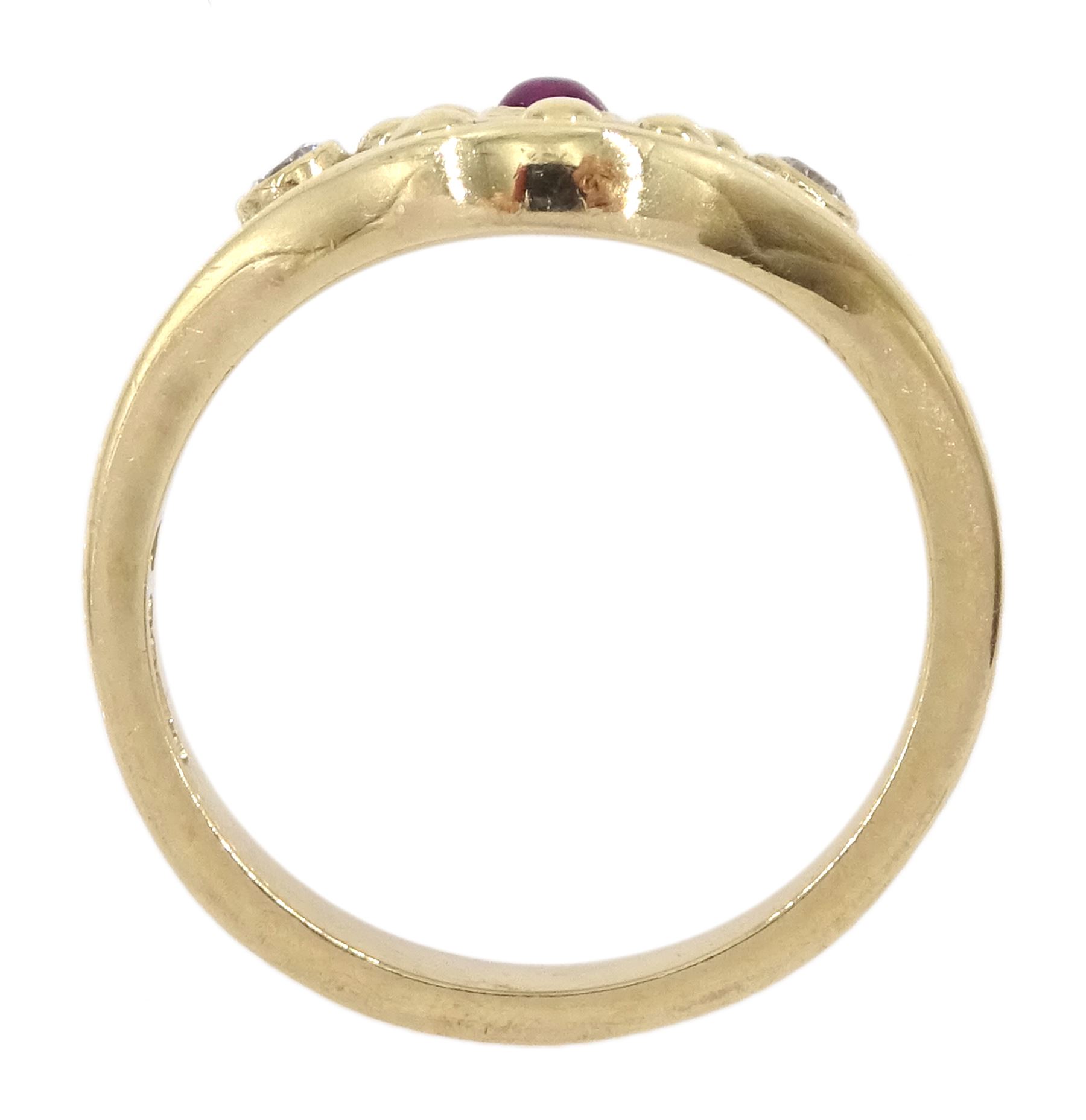 9ct gold three stone cabochon ruby and round brilliant cut diamond ring, Sheffield 1996